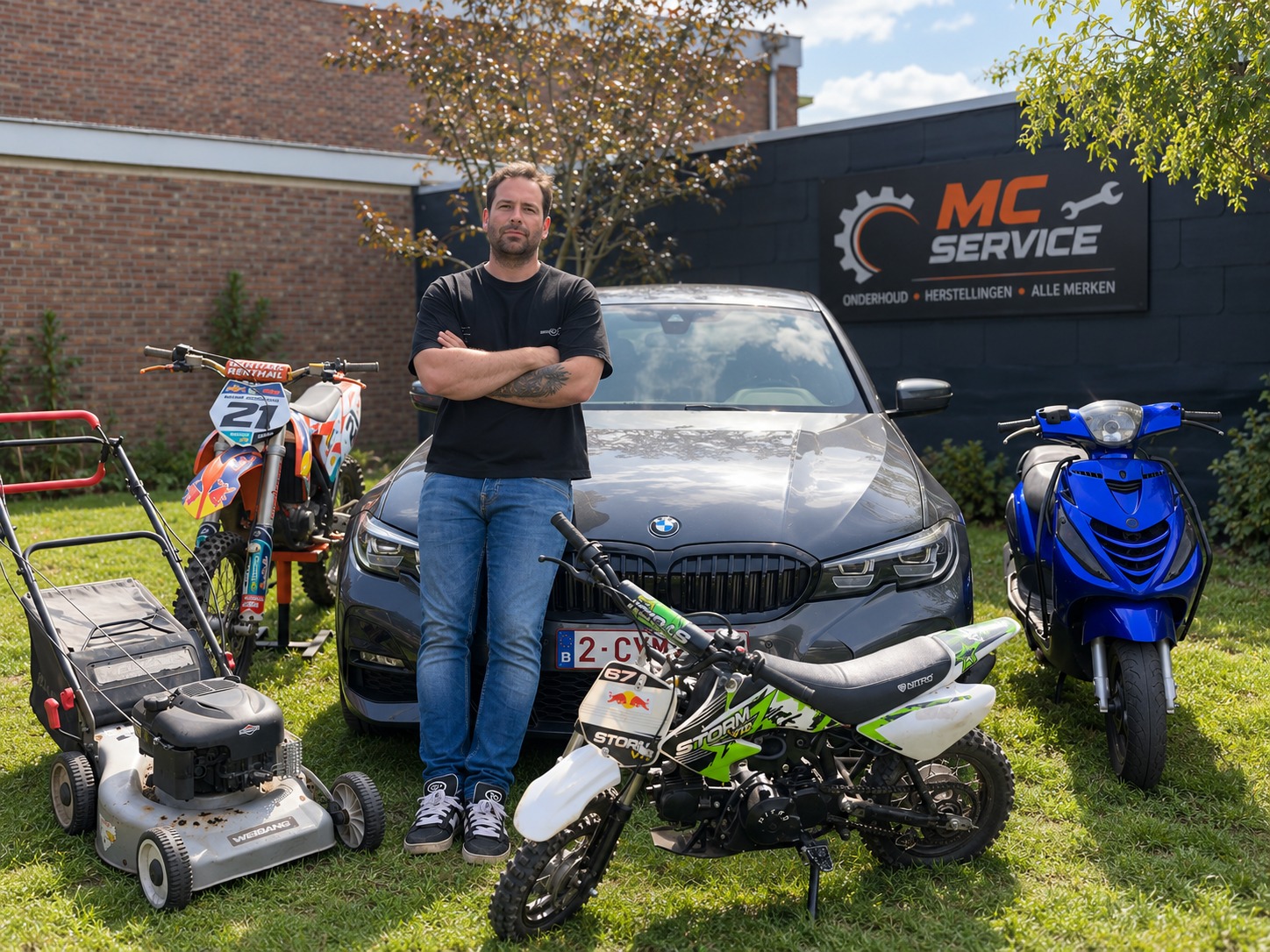 Mike Caekebeke bij MC Service Evergem met tuinmachines en voertuigen